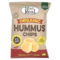 A bag of Eat Real Organic Hummus Chips, featuring a beige background with red, yellow, and green accents, and showing three golden-beige chips on the front.
