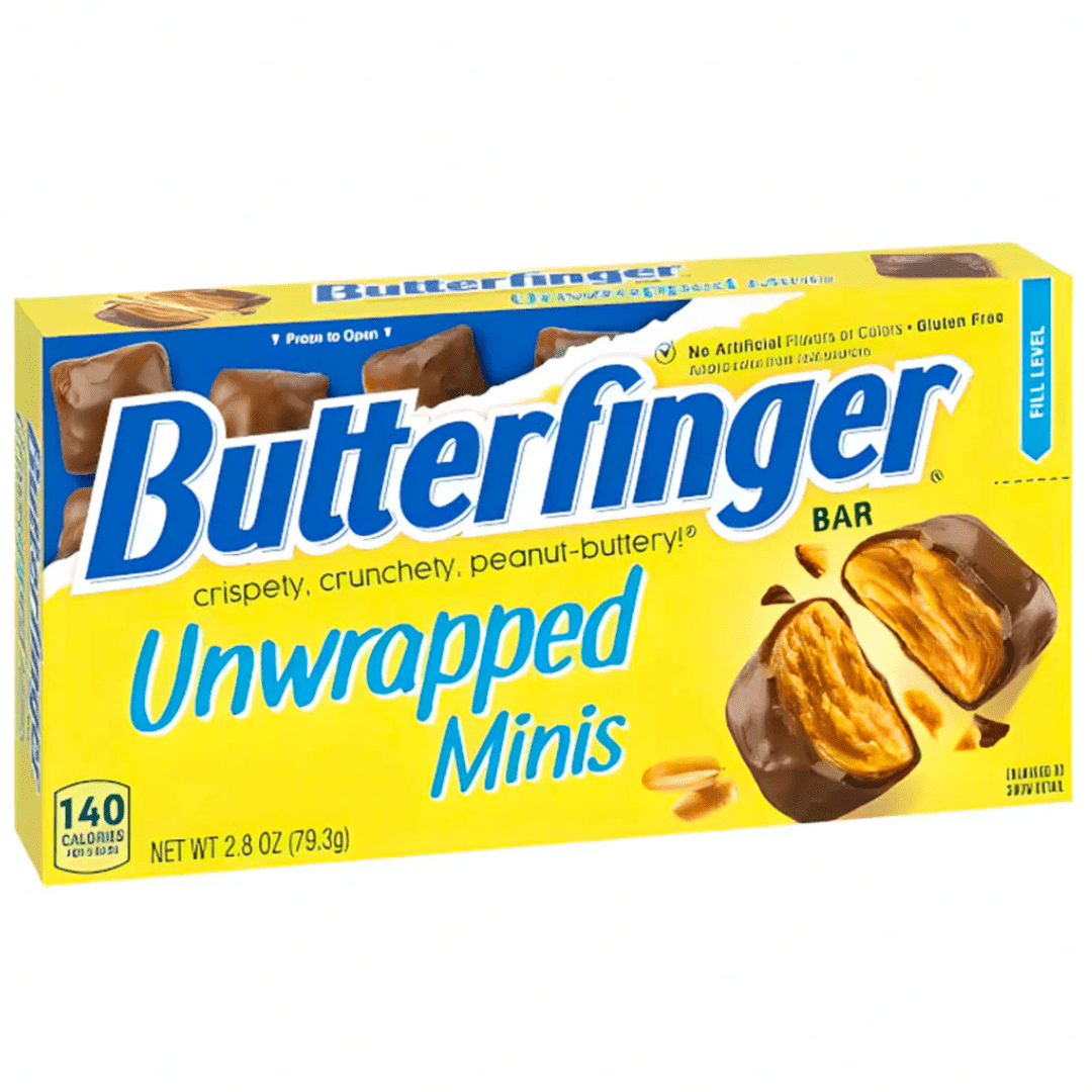 Front pack of Butterfinger Unwrapped Minis Theatre Box 79g