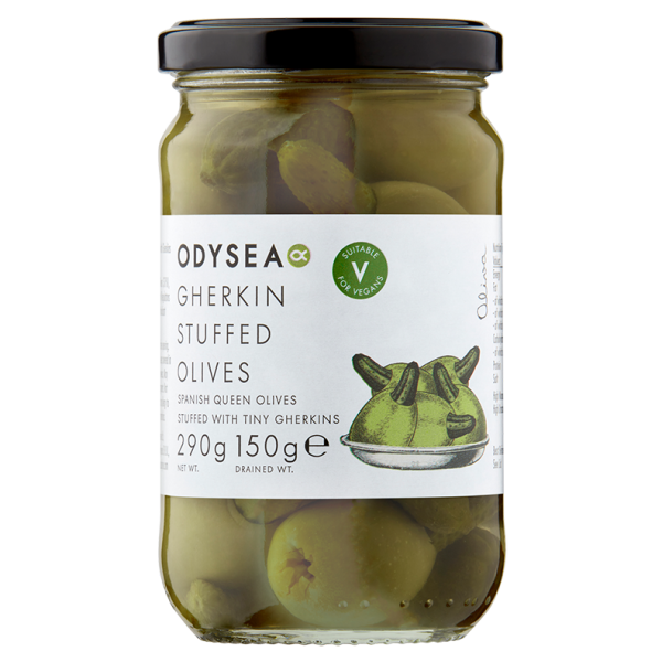 Odysea Gherkin Stuffed Olives 290g Mediterranean deli product available at The Velvet Corner