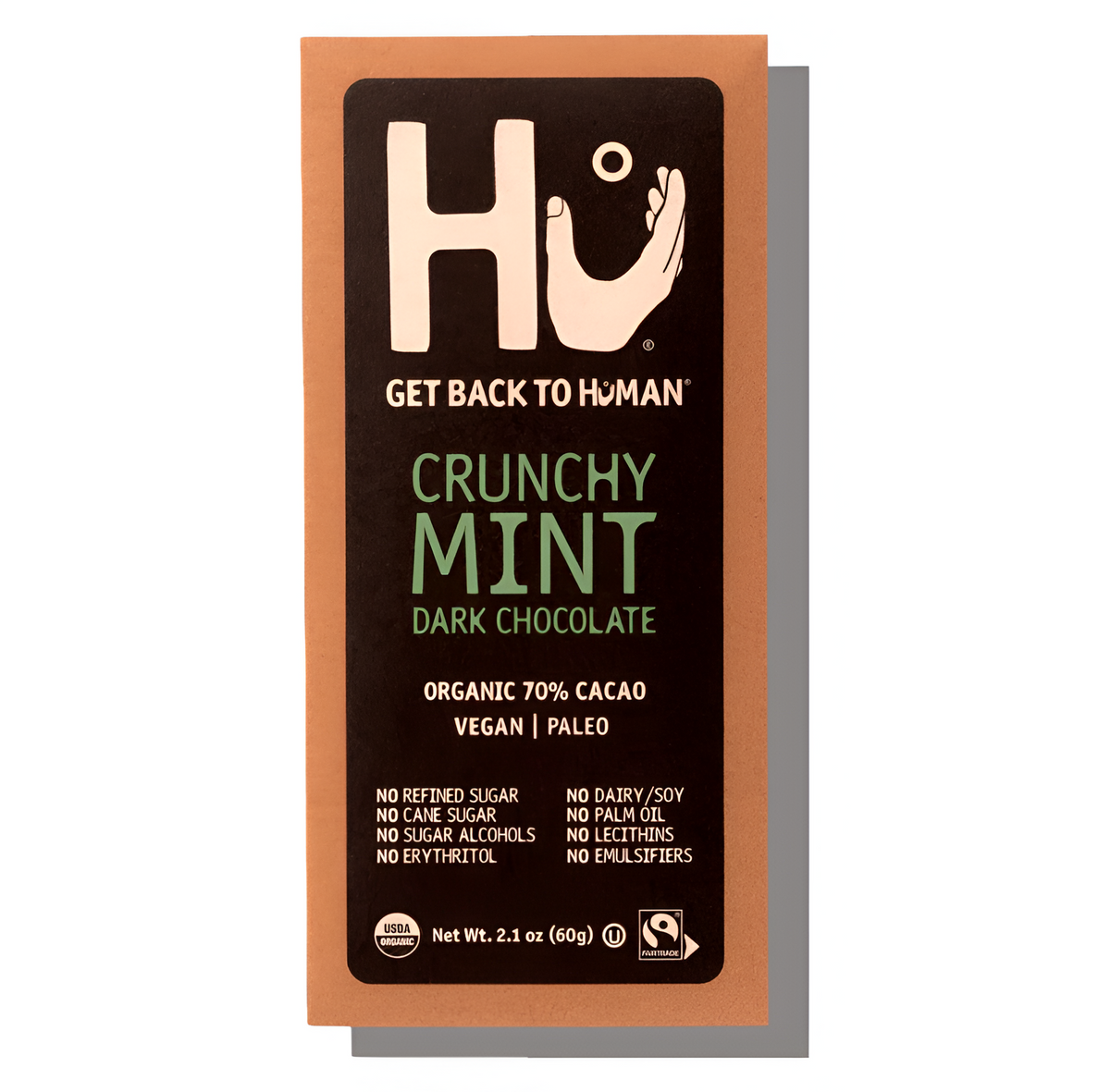 Front pack of Hu Kitchen Crunchy Mint Dark Chocolate Bar 60g