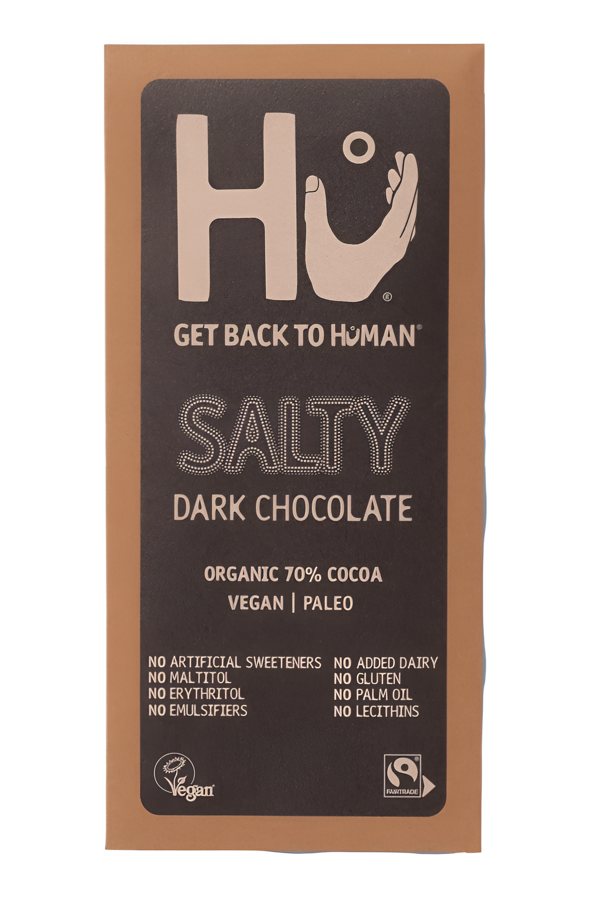 Front pack of Hu Kitchen Salty Dark Chocolate Bar 60g