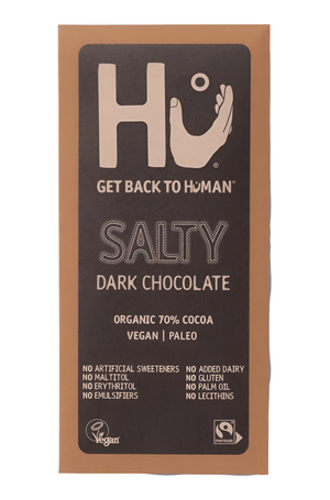Front pack of Hu Kitchen Salty Dark Chocolate Bar 60g