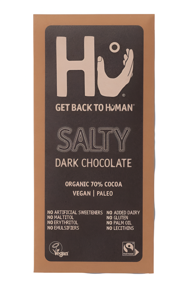 Front pack of Hu Kitchen Salty Dark Chocolate Bar 60g