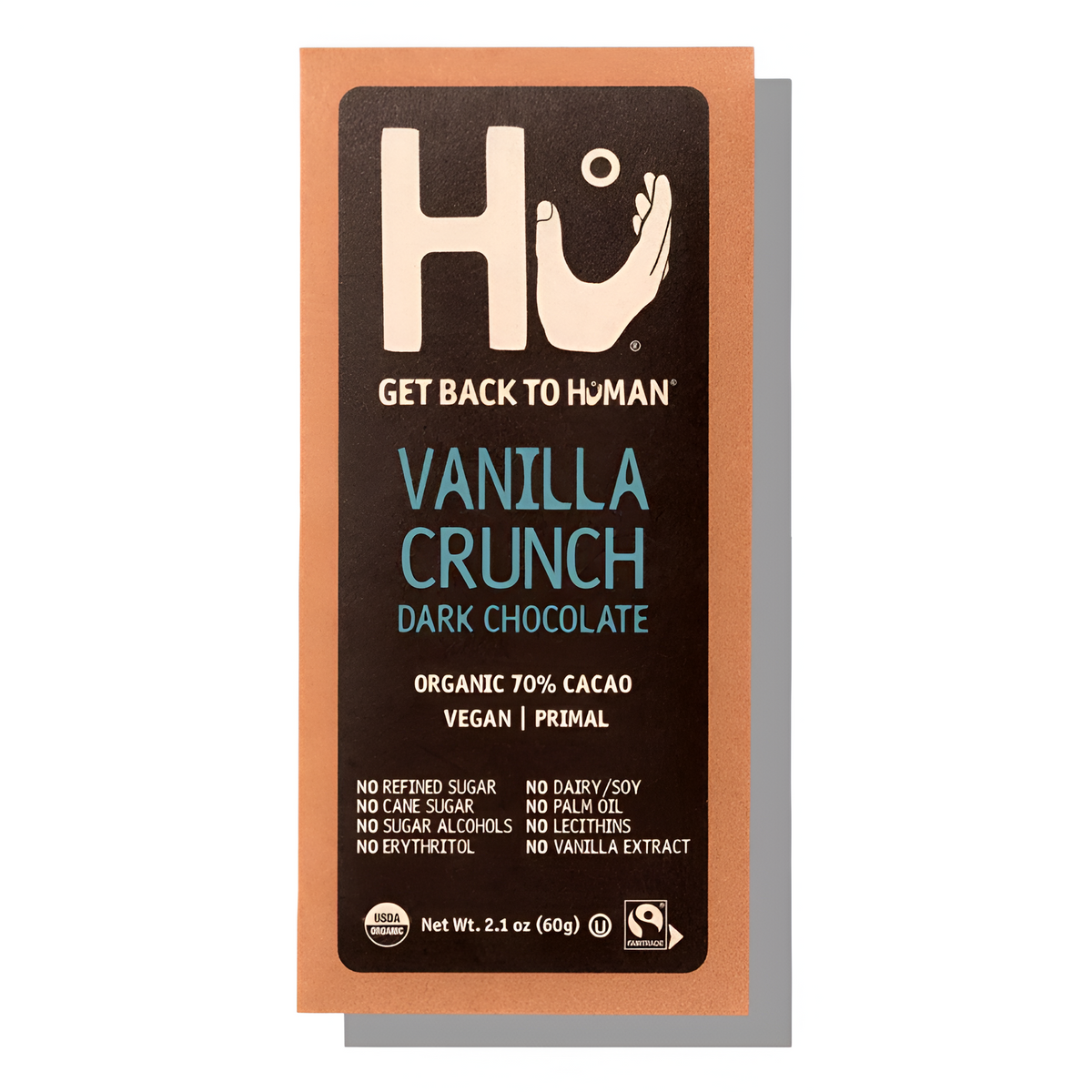 Front pack of Hu Kitchen Vanilla Crunch Dark Chocolate Bar 60g