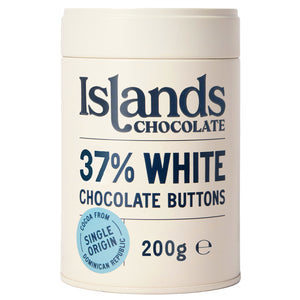 Front pack of Islands Chocolate 37% White Chocolate Buttons 200g