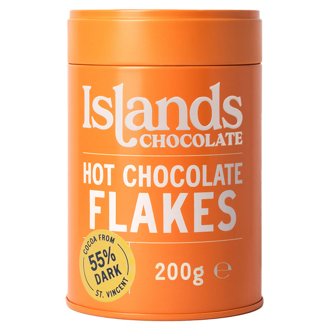 Front pack of Islands Chocolate 55% Dark Hot Chocolate Flakes 200g