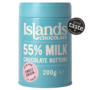 Front pack of Islands Chocolate 55% Milk Chocolate Buttons 200g