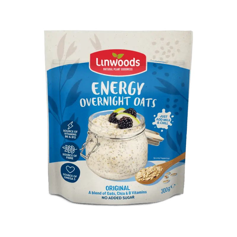 A 300g pouch of Linwoods Energy Overnight Oats on a plain white background. The packaging features a blue and white design with a red brand logo, showing a glass jar of overnight oats topped with blackberries and a lemon slice.