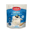 A 300g pouch of Linwoods Energy Overnight Oats on a plain white background. The packaging features a blue and white design with a red brand logo, showing a glass jar of overnight oats topped with blackberries and a lemon slice.