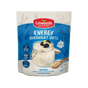 A 300g pouch of Linwoods Energy Overnight Oats on a plain white background. The packaging features a blue and white design with a red brand logo, showing a glass jar of overnight oats topped with blackberries and a lemon slice.
