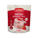 A 300g pouch of Linwoods Energy Overnight Oats in Strawberry flavor, featuring a red and white package design with an illustration of a strawberry parfait in a glass jar.