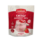 A 300g pouch of Linwoods Energy Overnight Oats in Strawberry flavor, featuring a red and white package design with an illustration of a strawberry parfait in a glass jar.