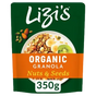 Lizi's Organic Granola Nuts & Seeds in a 350g resealable pouch. The packaging features a dark green background with a central orange band, a photo of the granola in a bowl with banana and kiwi slices, and illustrations of almonds and seeds.