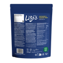 Back view of a Lizi's Pistachio & Passion Fruit Granola pouch in dark blue, showing detailed product information, nutrition facts, and a barcode on a white background.