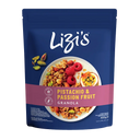 A 400g stand-up pouch of Lizi's Pistachio & Passion Fruit Granola on a plain white background. The packaging is dark blue with a pink band and a central photo of the granola served on a plate with raspberries, pistachios, and a passion fruit slice.