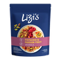 A 400g stand-up pouch of Lizi's Pistachio & Passion Fruit Granola on a plain white background. The packaging is dark blue with a pink band and a central photo of the granola served on a plate with raspberries, pistachios, and a passion fruit slice.