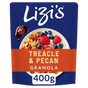 Lizi's Treacle & Pecan Granola 400g pouch. The packaging features a dark blue background with a central image of a bowl of granola topped with strawberries, blueberries, and pecans, and a prominent orange band with white text.