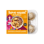 Love Sum Dumplings Chicken & Kimchi Mandu package shown next to the clear plastic tray containing two dumplings on a white background.