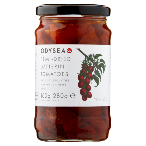 A glass jar of Odyssey Semi-Dried Datterini Tomatoes with a black lid and a white label featuring a red tomato illustration.