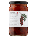 A glass jar of Odyssey Semi-Dried Datterini Tomatoes with a black lid and a white label featuring a red tomato illustration.