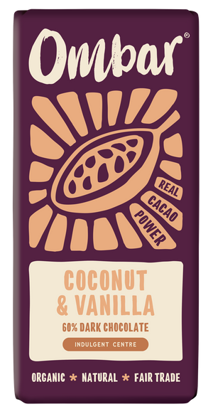 Front pack of Ombar Coconut & Vanilla Organic Vegan Chocolate Bar 70g
