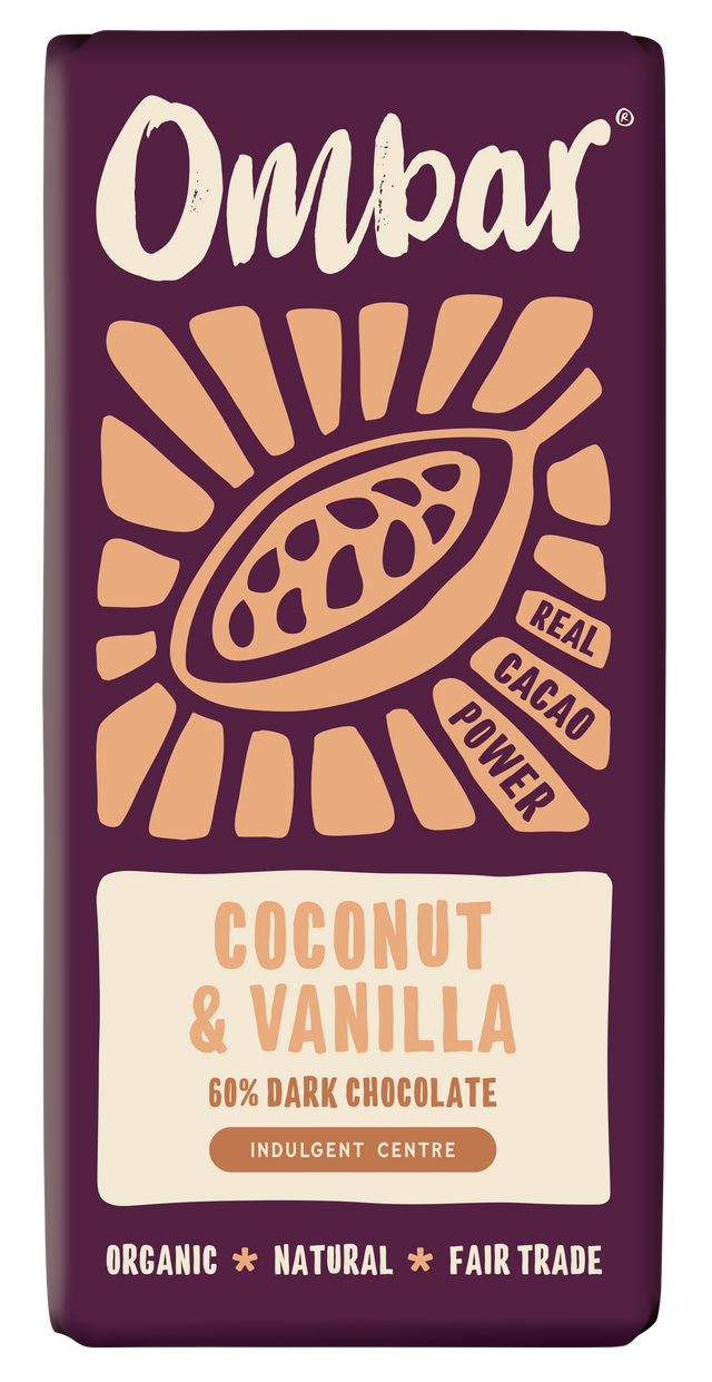 Front pack of Ombar Coconut & Vanilla Organic Vegan Chocolate Bar 70g