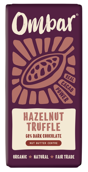 Front pack of Ombar Hazelnut Truffle Organic Vegan Chocolate Bar 70g
