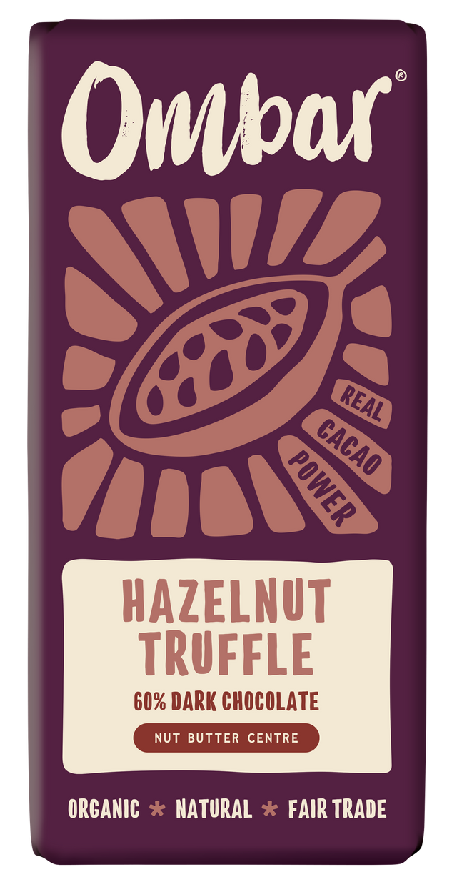 Front pack of Ombar Hazelnut Truffle Organic Vegan Chocolate Bar 70g