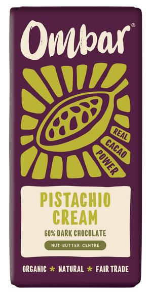 Front pack of Ombar Pistachio Cream Organic Vegan Chocolate Bar 70g