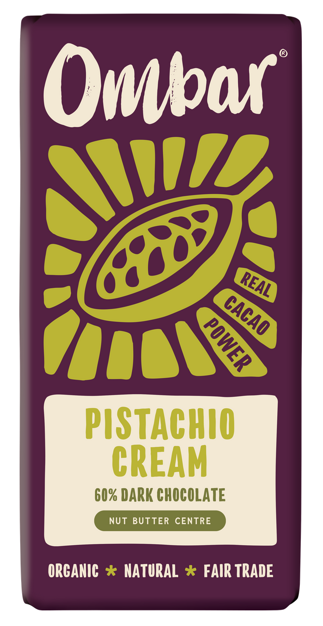 Front pack of Ombar Pistachio Cream Organic Vegan Chocolate Bar 70g