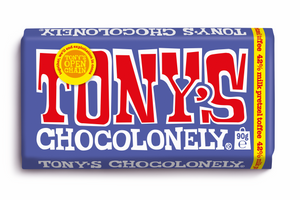 Front pack of Tony's Chocolonely 42% Dark Milk Pretzel Toffee Bar 90g