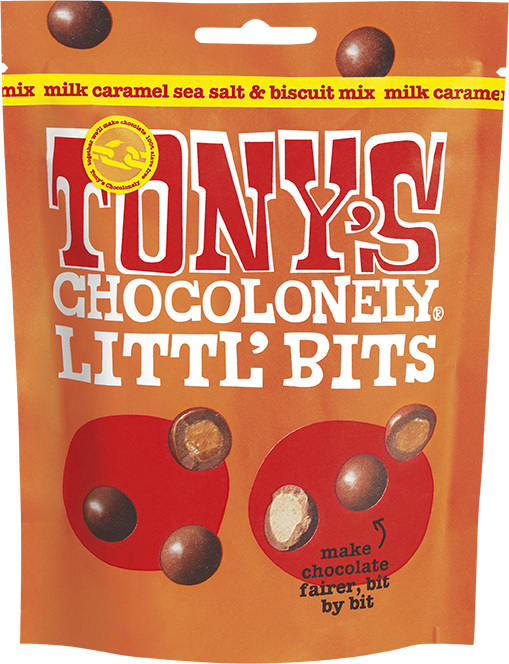 Front pack of Tony's Chocolonely Littl' Bits Milk Caramel Sea Salt & Biscuit 100g