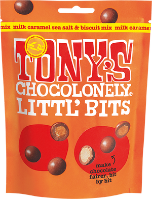 Front pack of Tony's Chocolonely Littl' Bits Milk Caramel Sea Salt & Biscuit 100g