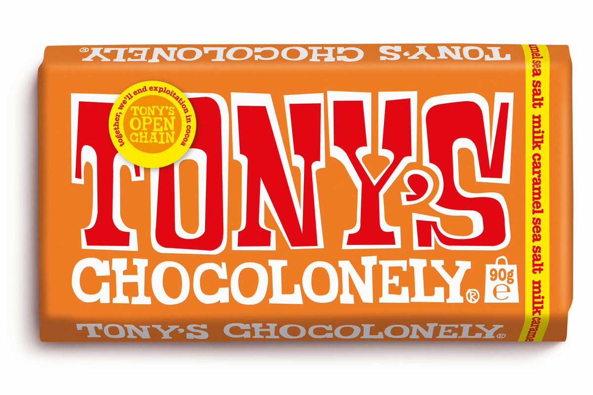 Front pack of Tony's Chocolonely Milk Caramel Sea Salt Chocolate Bar 90g