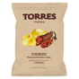 A single bag of Torres Tapas Chorizo flavoured potato chips on a plain white background. The packaging is a light tan color with dark brown text and an illustration of potato chips, chorizo sausage, and a tortilla chip in the center.