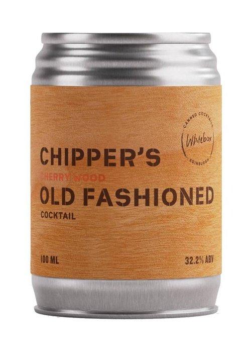 A 100 ml aluminum can of Chipper's Old Fashioned Cocktail, featuring a warm cherry wood grain label with black text and a silver metal top and bottom.