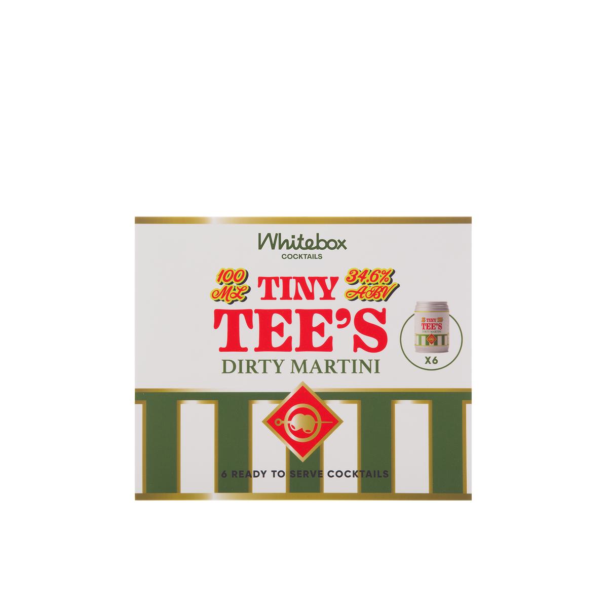 Whitebox Cocktails Tiny Tee's Dirty Martini cocktail mix packaging box, featuring a white background with green and white striped bands, red and yellow text, and a small illustration of a can.