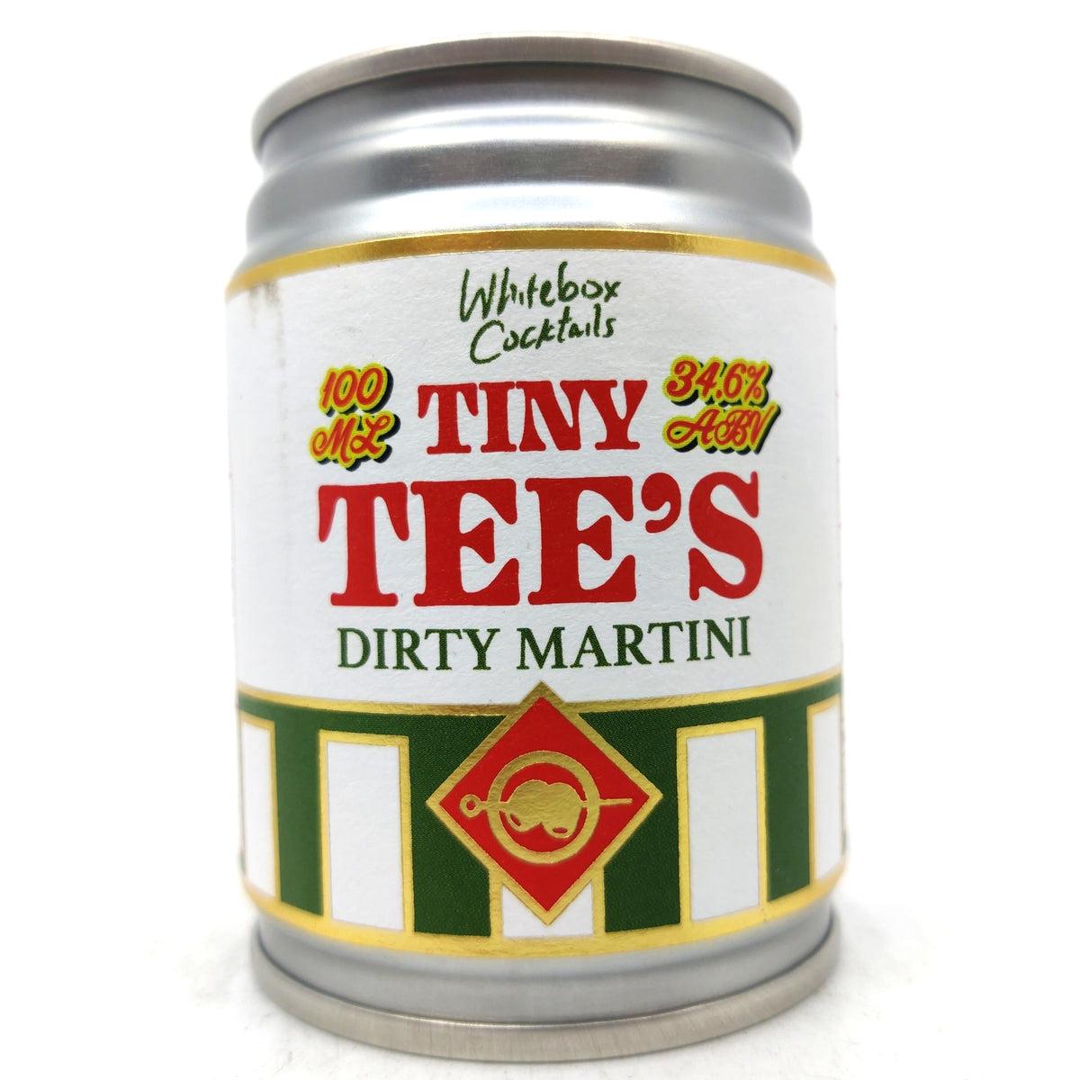 A miniature tin can-shaped novelty drinkware piece labeled 'TINY TEE'S DIRTY MARTINI' with white, red, green, and gold graphics, on a white background.