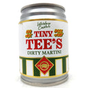 A miniature tin can-shaped novelty drinkware piece labeled 'TINY TEE'S DIRTY MARTINI' with white, red, green, and gold graphics, on a white background.