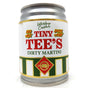 A miniature tin can-shaped novelty drinkware piece labeled 'TINY TEE'S DIRTY MARTINI' with white, red, green, and gold graphics, on a white background.