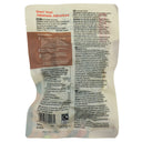 The back of a vacuum-packed food pouch showing bilingual English and French instructions, ingredients, nutrition facts, and barcode on a white background.