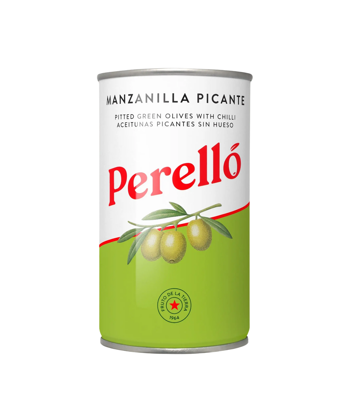 A can of Perelló Manzanilla Picante pitted green olives with chili, featuring a white and light green label with red branding and an illustration of green olives on a branch.