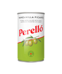 A can of Perelló Manzanilla Picante pitted green olives with chili, featuring a white and light green label with red branding and an illustration of green olives on a branch.
