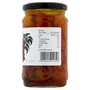 A glass jar of tomato sauce with a black lid and a white label showing nutrition facts, photographed on a plain white background.